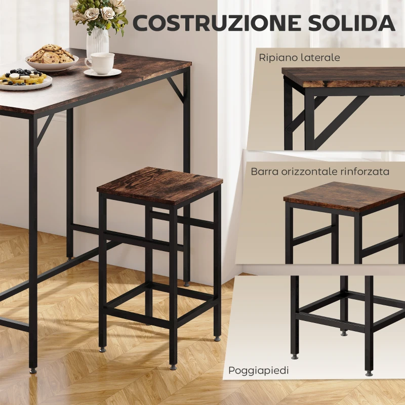 HOMCOM Set 5 Pezzi Tavolo Alto Sgabelli Stile Industriale, in Metallo e Legno, per Soggiorno e Cucina, Marrone Rustico