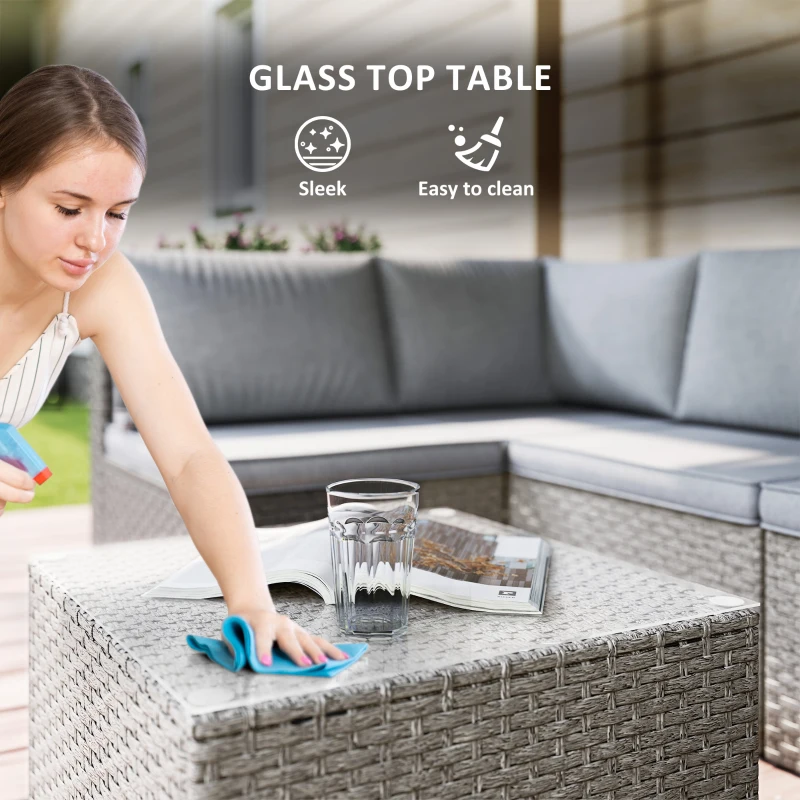 Outsunny 7 Pieces Rattan Garden Furniture Set, 6 Seater Garden Corner Sofa with Cushions and Glass Top Table, Sectional Outdoor Furniture Conservatory Set for Patio, Grey