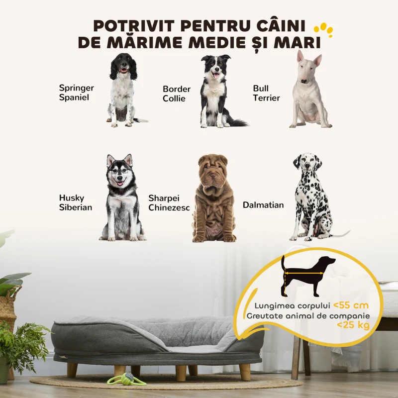 PawHut Canapea pentru câini cu tapițerie, pat pentru câini de talie mare și medie până la 25kg, 90x78x25cm, gri