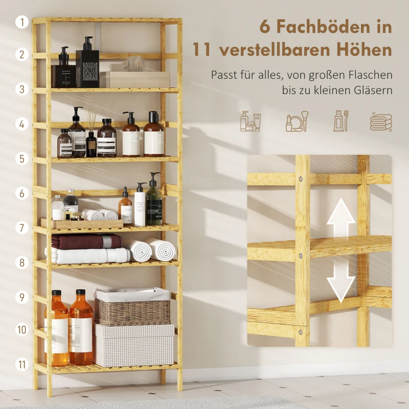 HOMCOM 6-Ebenen-Regal aus Bambusholz, verstellbare Regalböden, freistehendes Aufbewahrungsregal, Naturholz