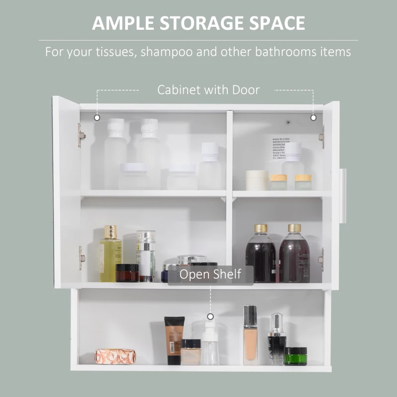 kleankin Wall Mounted Bathroom Mirror Cabinet, Modern Storage Cupboard Organizer with Double Doors and Adjustable Inner Shelf, White