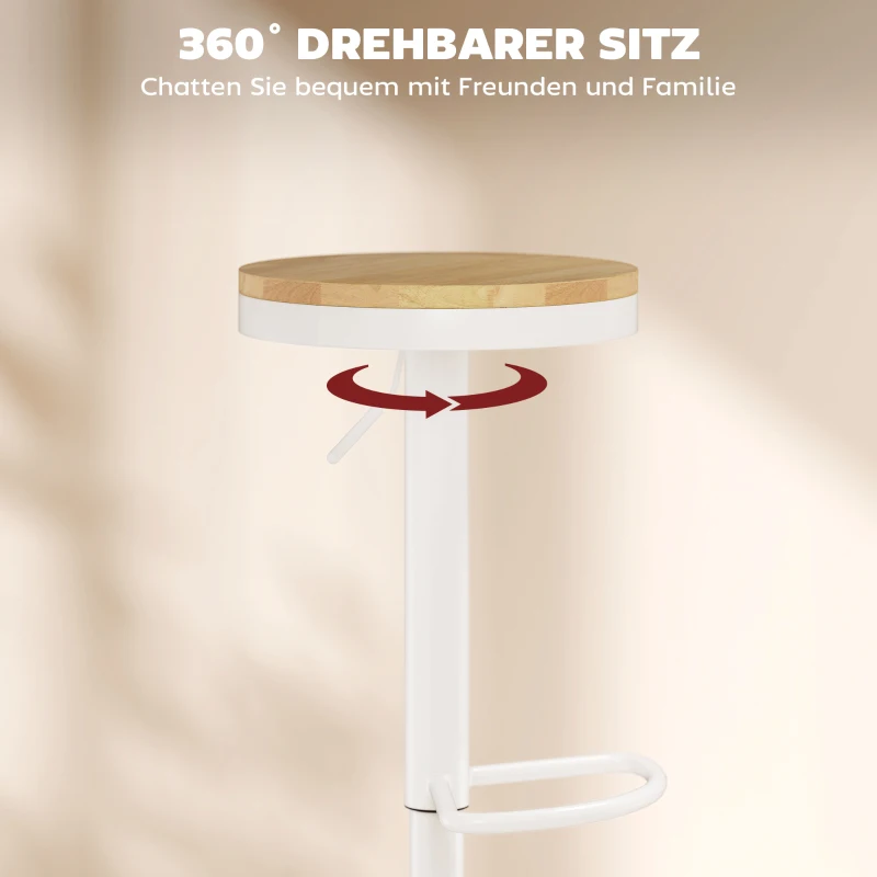 HOMCOM Barhocker 2er Set, Höhenverstellbar 360° Drehbar Barstuhl mit Stahlgestell Fußstütze 38,5x38,5x60-80 cm Naturholz+Weiß