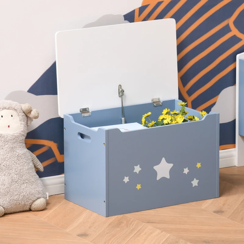 HOMCOM Kids Wooden Toy Box, Children Storage Chest Organizer with Side Handle and Safety Hinge, Play Room Furniture, Blue