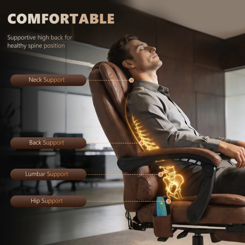 Vinsetto Office Chair with 6 Point Massage and Back Heat, Microfiber Desk Chair with Footrest Adjustable Height and Swivel Wheels, Back Reclining, Brown