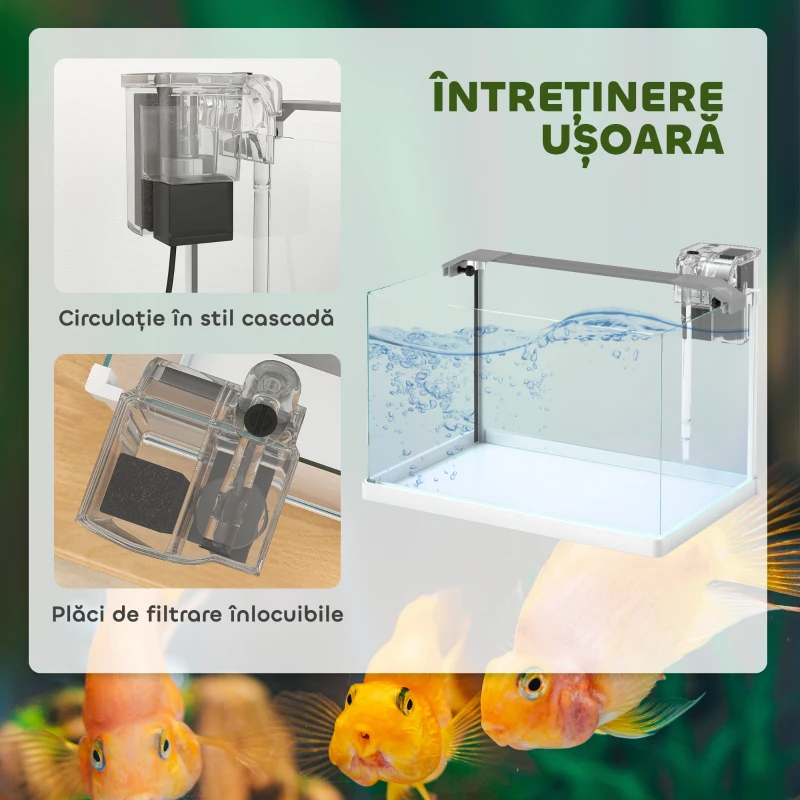 PawHut Acvariu pentru Pești Roșii din Sticlă cu Lumini LED cu Filtru și Pompă de Apă, 38x26x27 cm, Alb