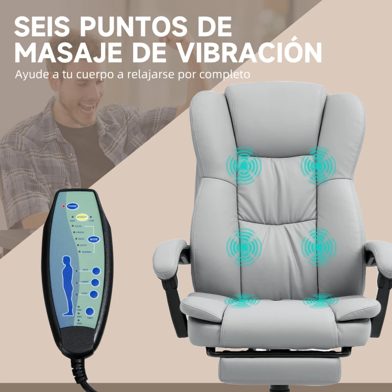 Vinsetto Silla de Oficina con 6 Puntos de Masaje Vibratorio con Altura Ajustable Respaldo Reclinable y Reposapiés Retráctil Gris