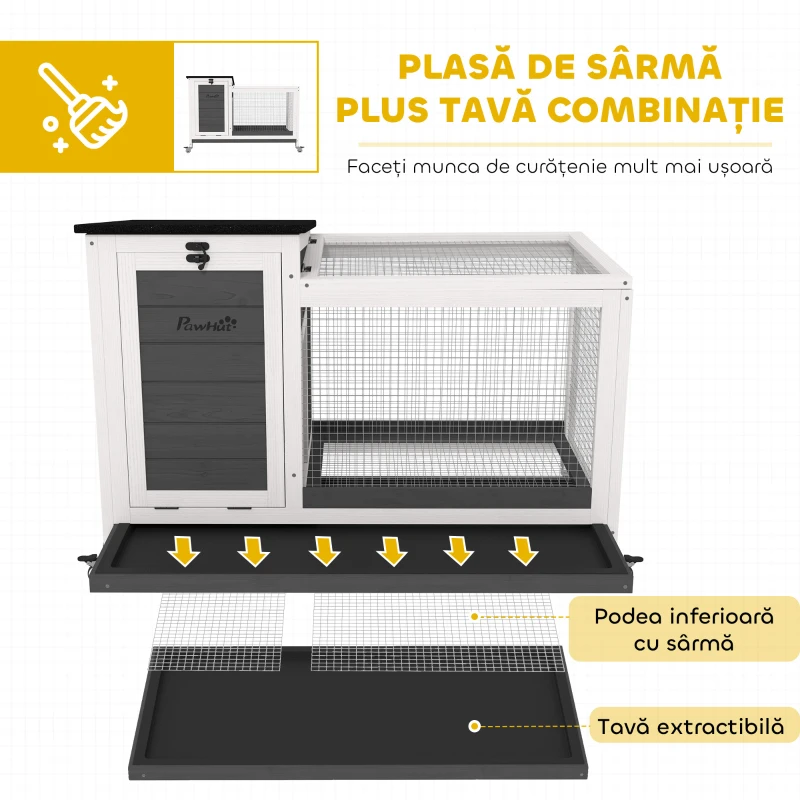 PawHut Cușcă din Lemn cu Acoperiș cu Deschidere, Tavă Glisantă și Roți, 91x51x66 cm, Gri Închis