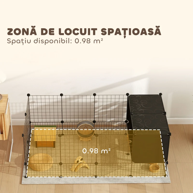 PawHut Cușcă pentru Animale Mici Modulară cu Căsuțe Ridicate pentru Porcușori de Guineea și Arici, Negru