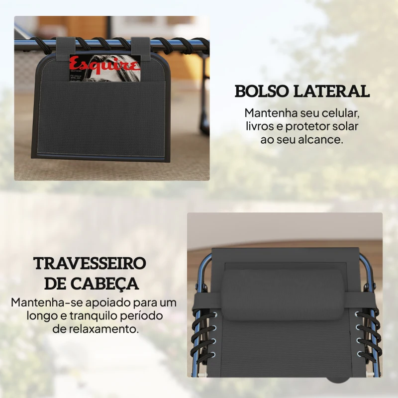 Outsunny Conjunto de 2 Espreguiçadeiras Jardim Dobráveis com Apoio de Cabeça e Encosto Reclinável em 5 Posições 200x57x38 cm Preto