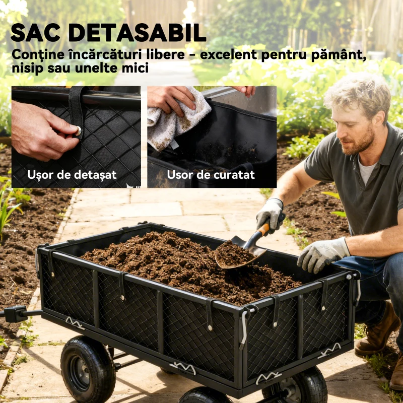 Outsunny Cărucior de Grădină de 114L cu Pereți Laterali Detașabili și Mâner Rotativ, 105x51x54 cm, Negru