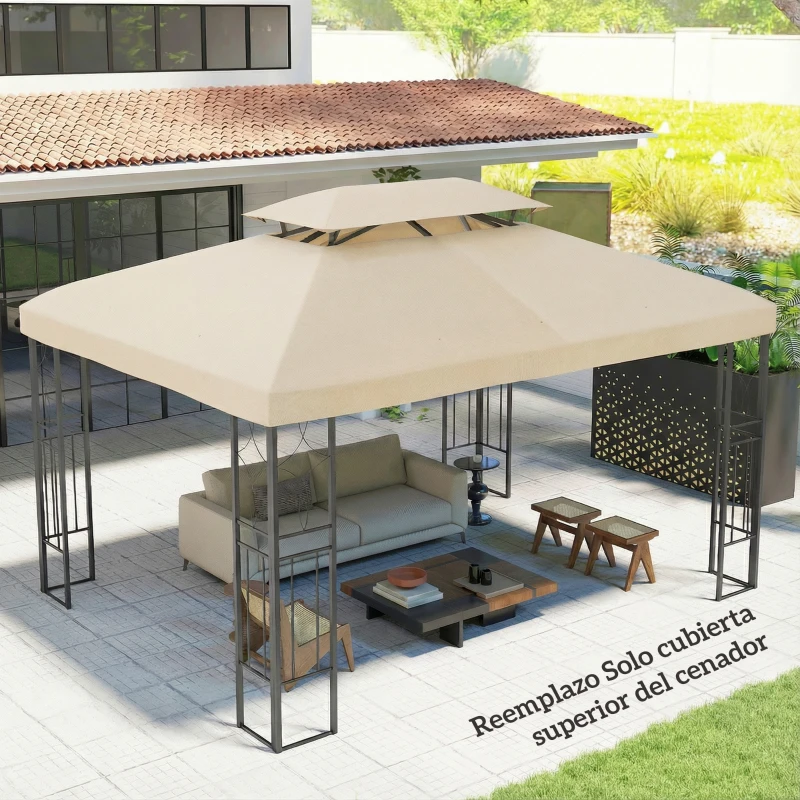 Outsunny Toldo de Recambio 4x3 m con Techo Doble Orificios de Drenaje y Protección UV Solo Toldo NO Incluye Marco Blanco Crema