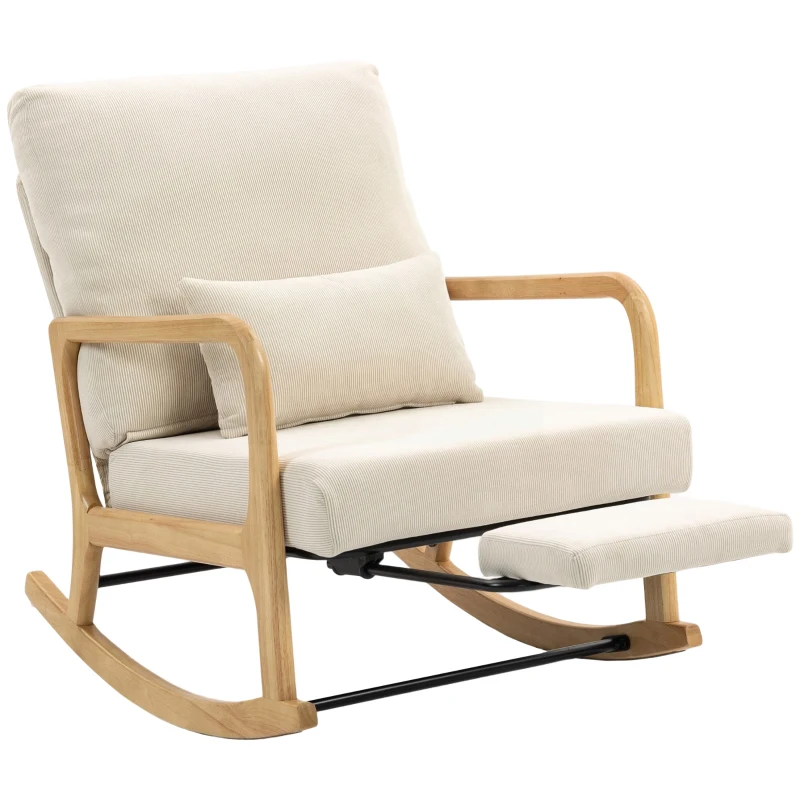 HOMCOM Silla Mecedora Nórdica con Reposapiés Respaldo Ajustable Mecedora de Pana Patas de Madera y Reposabrazos Cojín Crema