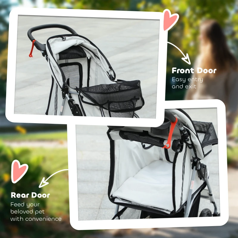 PawHut Pet Stroller for Small Miniature Dogs, Cats, Foldable Travel Carriage with Wheels Zipper Entry, Cup Holder, Storage Basket - Grey