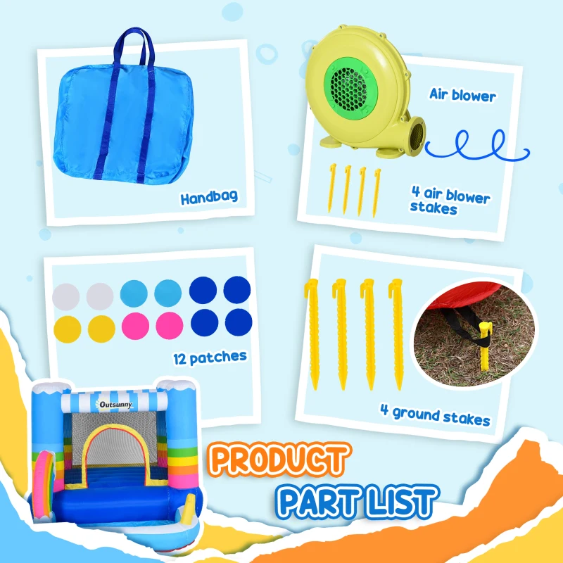 Outsunny Kids Rainbow Bouncy Castle & Pool House Inflatable Trampoline w/ Blower Pump