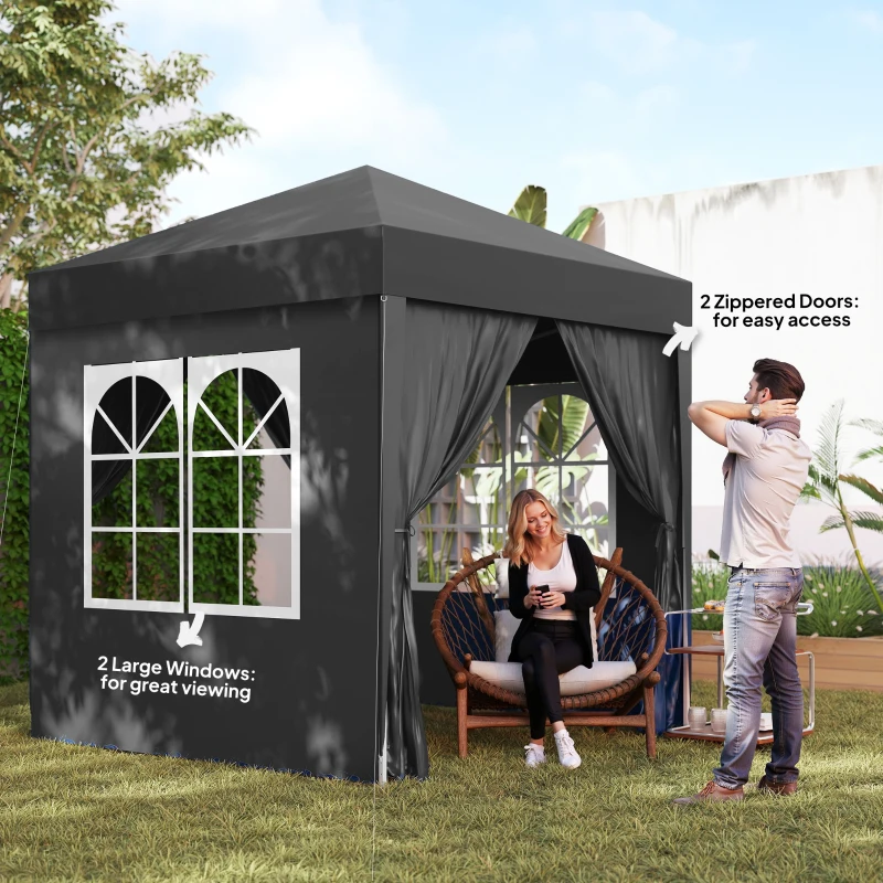 Outsunny 2 x 2 m Garden Pop Up Gazebo, Wedding Party Tent Marquee, Water Resistant Awning Canopy with Sidewalls, Windows, Carry Bag, Black(m-10)