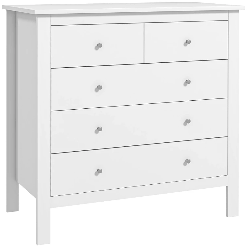 HOMCOM Modern Chest of Drawers, 5 Drawer Storage Cabinet with Metal Handles and Runners for Bedroom, White