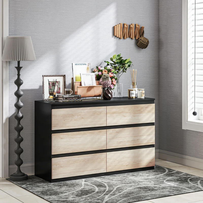 HOMCOM Commode 6 tiroirs meuble de rangement sans poignées design minimaliste 120 x 39 x 75 cm noir et bois naturel