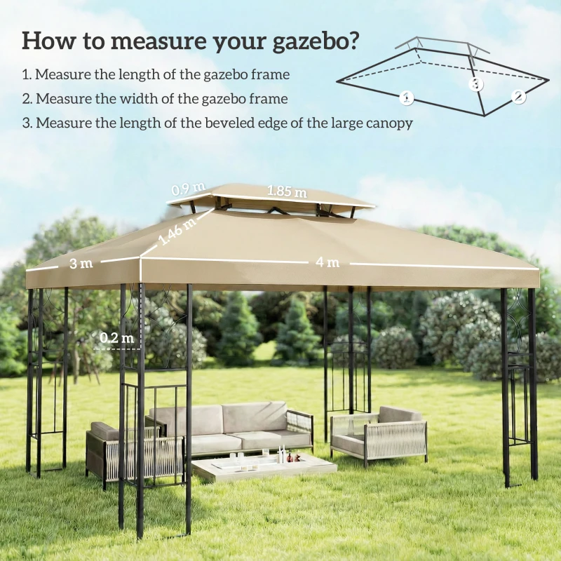 Outsunny Telo di Ricambio 4x3 m con Tetto Doppio, Fori di Drenaggio e Protezione UV, Bianco Crema