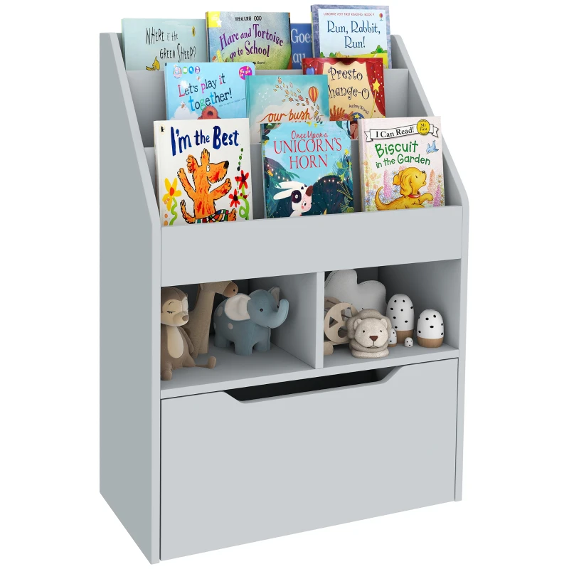 HOMCOM Kids Bookcase Multi-Shelf Rack Organizer with Storage Drawer for Books for Bedroom or Playroom, Grey