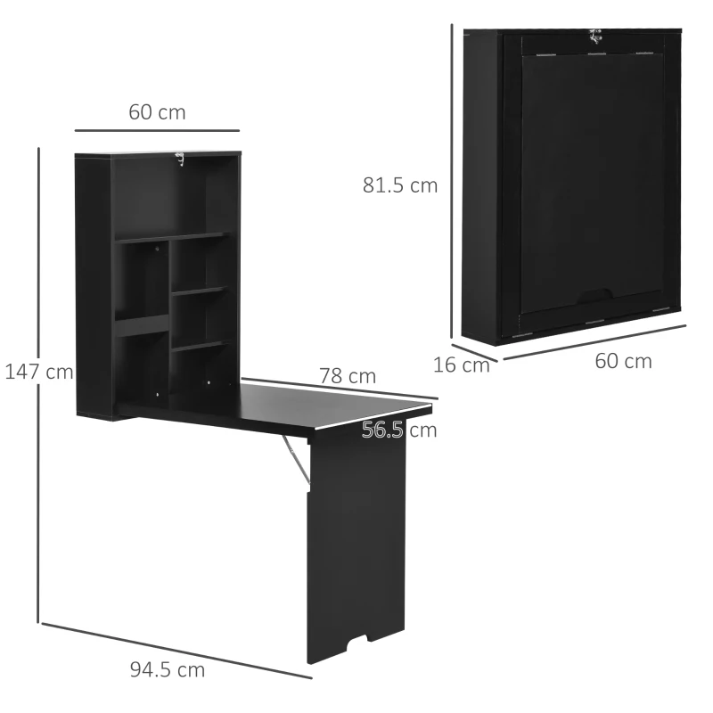 HOMCOM Wall Mounted Folding Table Floating Fold Down Desk With Chalkboard and Storage Compartments Black