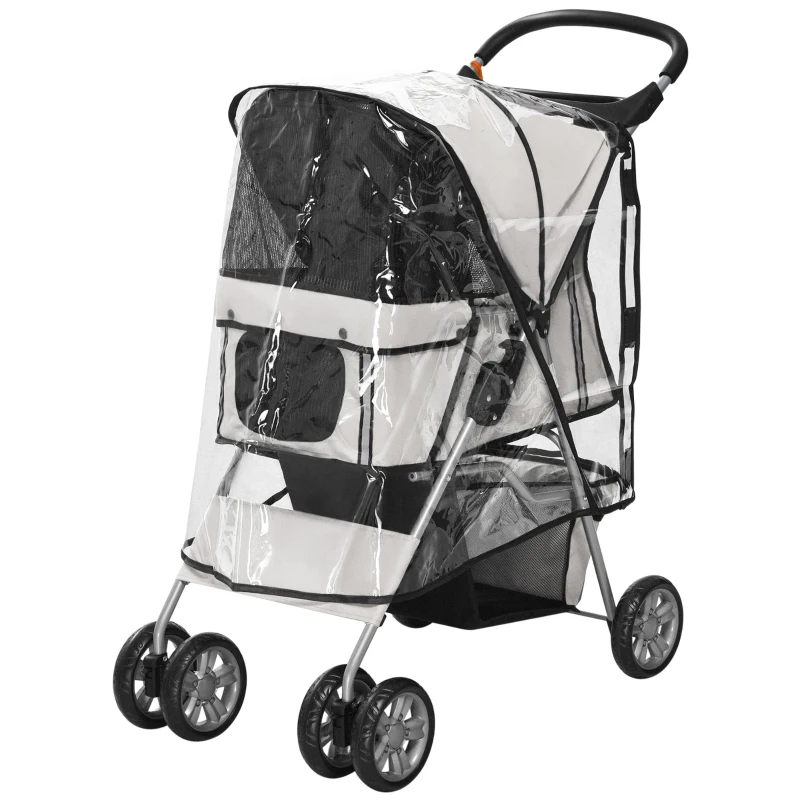 PawHut Pet Stroller for Small Miniature Dogs, Cats, Foldable Travel Carriage with Wheels Zipper Entry, Cup Holder, Storage Basket - Grey