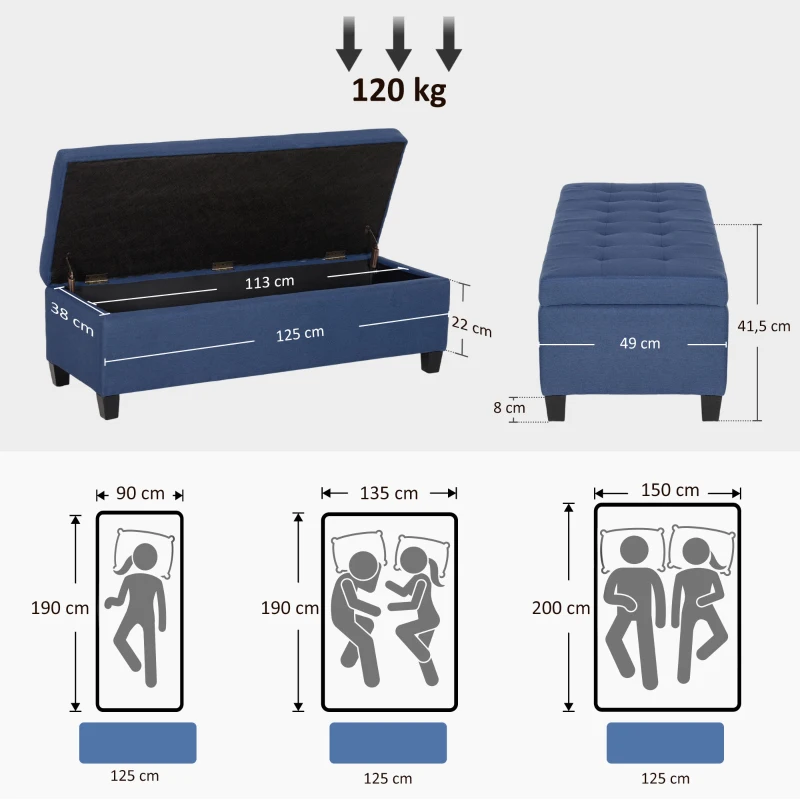 HOMCOM Sitzbank mit Stauraum, Ottomane, Flurbank, Knopfheftung,125,1 cm x 48,9 cm x 41,3 cm, Blau