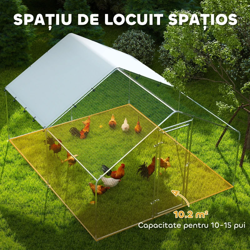 PawHut Țarc pentru Găini de 10,2 m² pentru 10-15 Găini cu Acoperiș Impermeabil, din Oțel și Țesătură, 3x3,4x1,9 m, Argintiu(m-4)