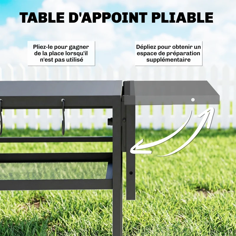 Outsunny Desserte jardin chariot de barbecue sur roulettes avec Plateau Latéral Pliable, Trois Étagères, 133 x 48,5 x 82 cm, Noir