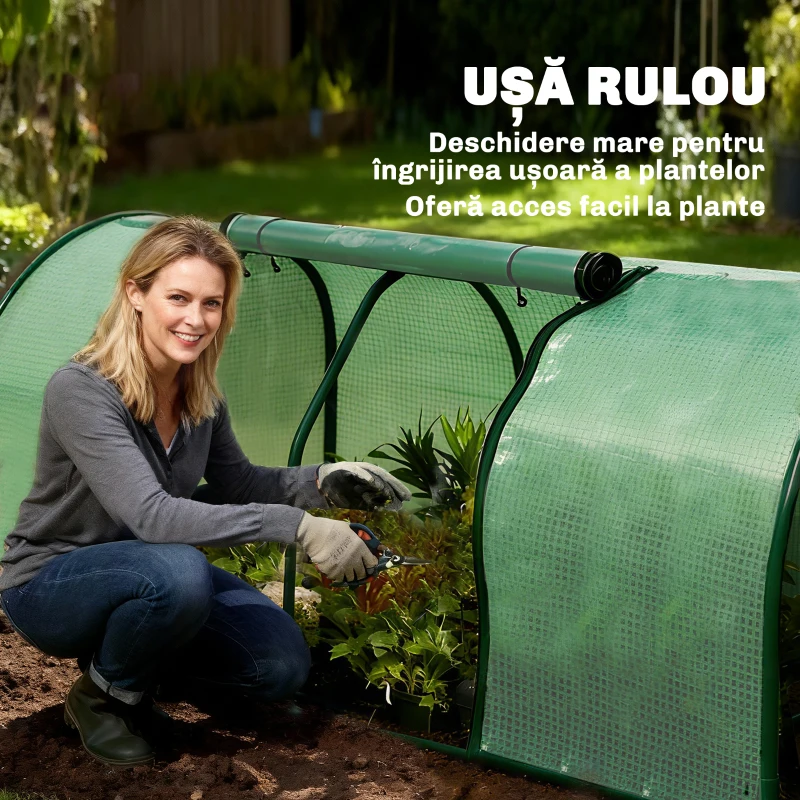 Sera Tunel Outsunny din Otel si cu Capac din PVC, 200x100x80 cm, Transparent si Verde