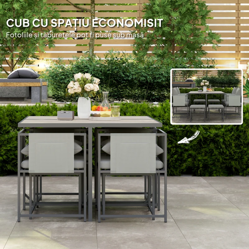 Outsunny Set Mobilier de Grădină din 9 Piese cu Masă, 4 Fotolii și 4 Scaune, 110x110x75 cm, Gri