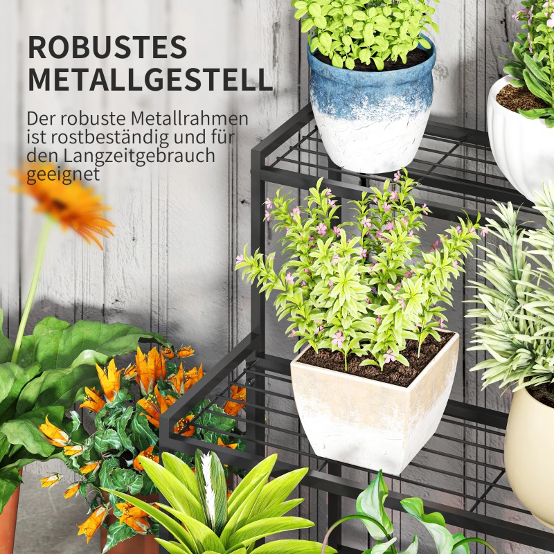 Outsunny Blumentopfständer, 3-stufiger Pflanzenständer in Treppenform, Blumentopfgestell für drinnen und draußen, Metall, Schwarz