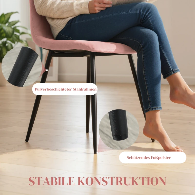 HOMCOM Esszimmerstühle 4er Set Küchenstuhl mit Rückenlehne, Samtoptik, Sessel 45 x 54 x 87 cm Rosa(m-5)