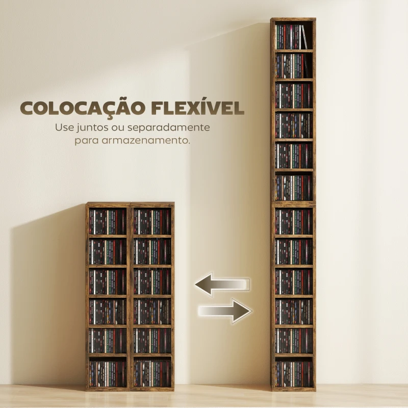 HOMCOM Conjunto de 2 Estantes para CDs e DVDs com 12 Compartimentos Prateleiras Ajustáveis 21x22,5x88,5 cm Castanho Rústico