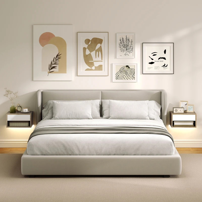 HOMCOM Conjunto de 2 Mesas de Cabeceira Flutuantes com Luzes LED RGB Controlo por APP e Prateleira Aberta 37x32x21 cm Madeira e Branco