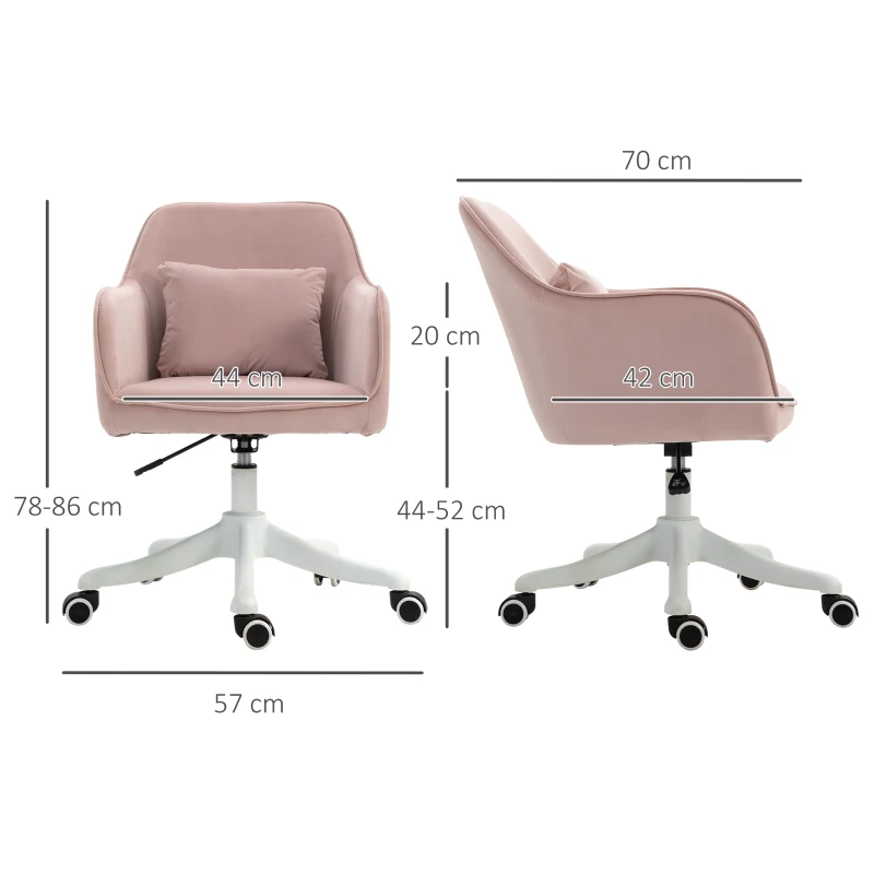 Vinsetto Velvet Office Chair, Desk Seat, Makeup Vanity with Massage Lumbar Pillow and Rolling Wheels for Bedroom and Home, Pink