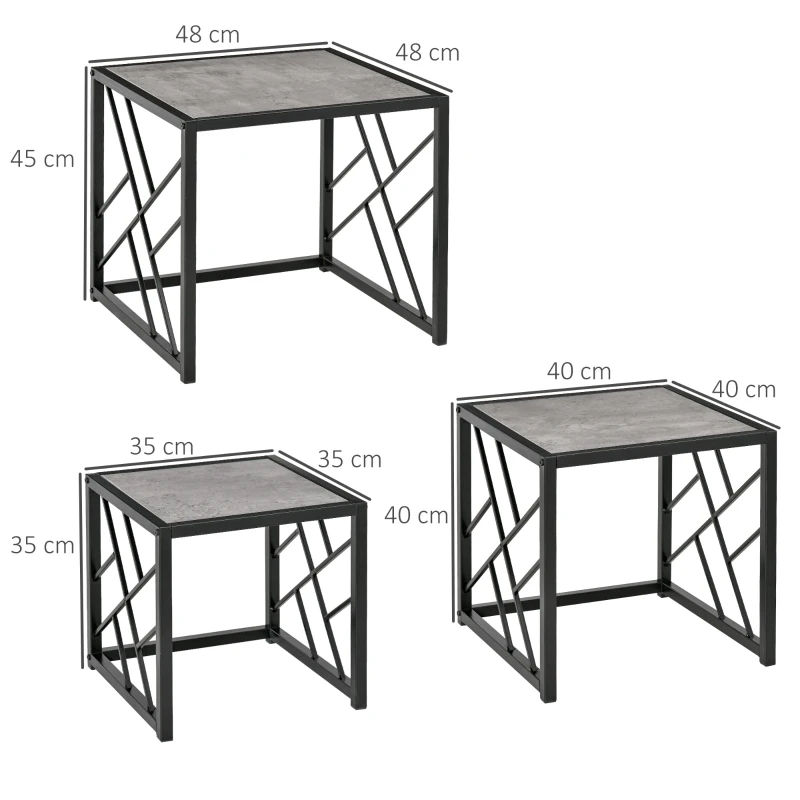 HOMCOM Set of 3 Nesting Coffee Tables, Square Side Tables with Black Metal Frame, for Living Room, Bedroom and Office, Grey