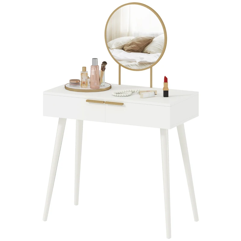 HOMCOM Modern Dressing Table with Round Mirror, Makeup Vanity Table with 2 Drawers for Bedroom, Living Room, White