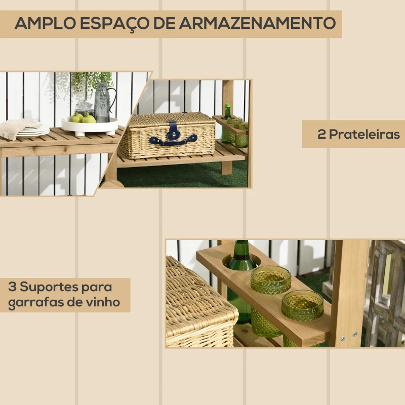Outsunny Carrinho de Madeira Exterior com 2 Níveis Alça Lateral 3 Suportes para Garrafas e 2 Rodas 95x47x74 cm Madeira
