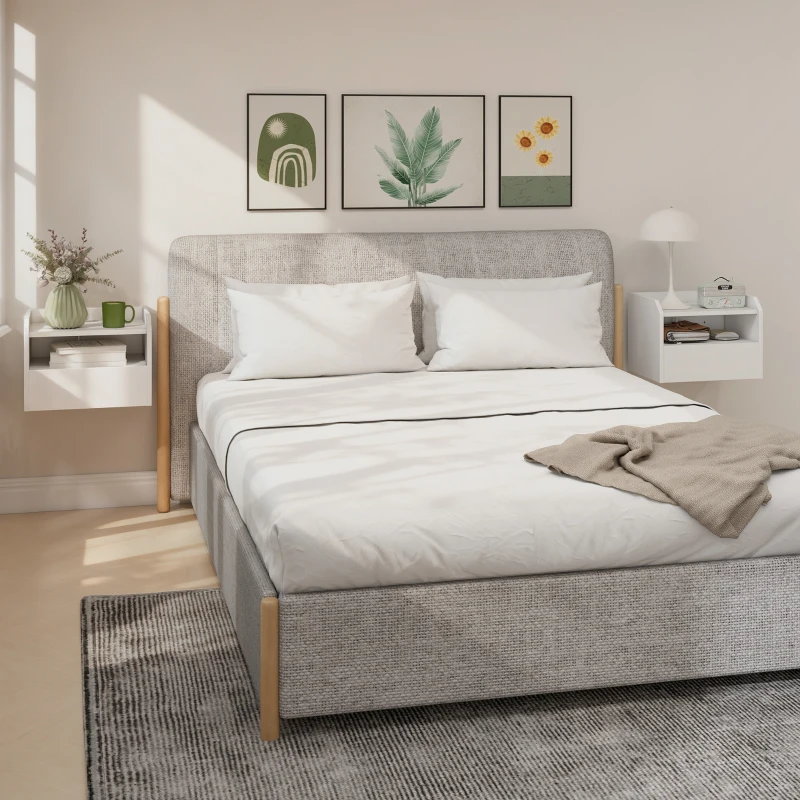 HOMCOM Conjunto de 2 Mesas de Cabeceira Flutuantes com Estação de Carregamento Gaveta Prateleira Aberta Estilo Moderno 40x29x29 cm Branco