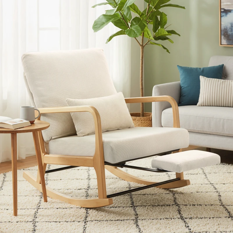 HOMCOM Silla Mecedora Nórdica con Reposapiés Respaldo Ajustable Mecedora de Pana Patas de Madera y Reposabrazos Cojín Crema
