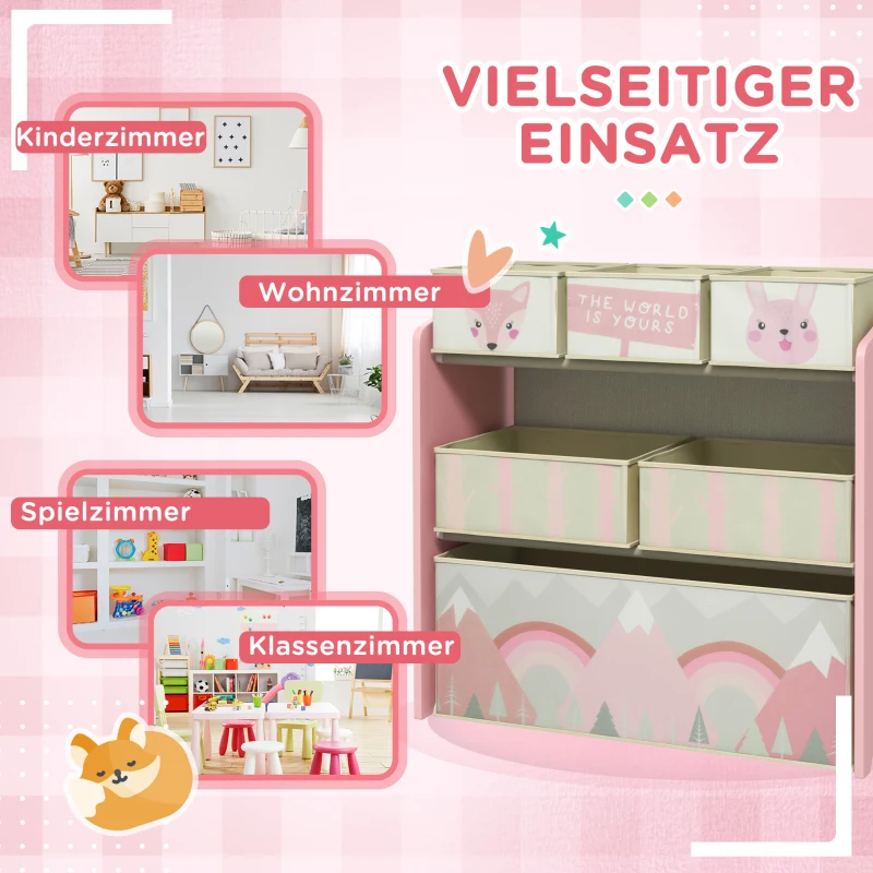 ZONEKIZ Kinderschrank mit 6 Stoffboxen, niedliches Motiv, 63x30x66 cm, Rosa