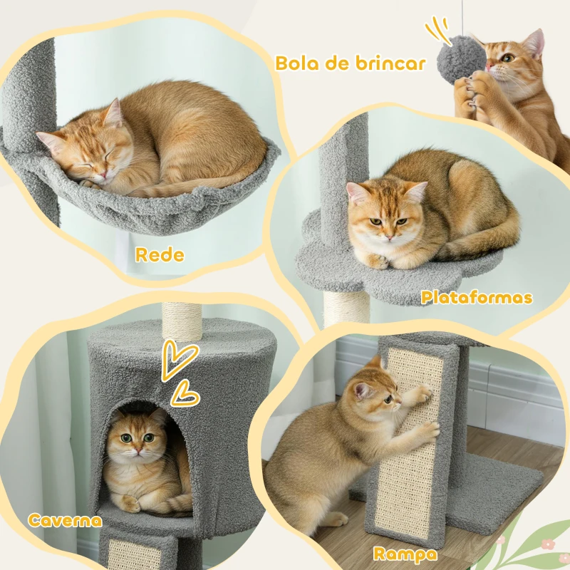 PawHut Arranhador para Gatos de Chão a Teto com Altura Ajustável de 220-240 cm Rede Plataformas em Flor Cavernas Rampa e Bola Cinza
