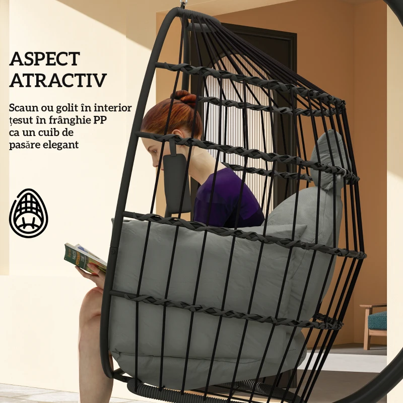 Outsunny Scaun Suspendat în Formă de Ou cu Coș Pliabil și Pernă Groasă, 120x88x192 cm, Negru