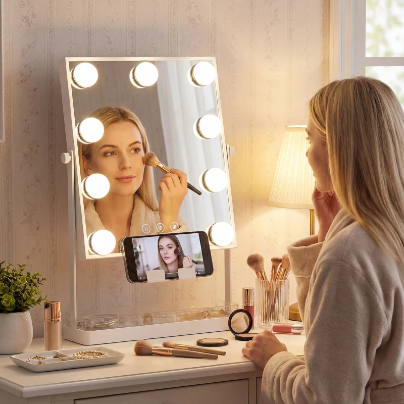 HOMCOM Hollywood Espejo de Maquillaje con Luz 9 Bombillas LED 3 Colores Interruptor Táctil Soporte para Teléfono Blanco