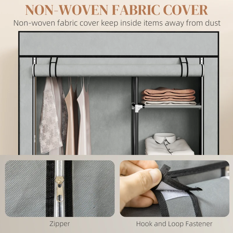 HOMCOM Fabric Wardrobe, Portable Wardrobe with 6 Shelves, 1 Hanging Rail, Foldable Closets, 103 x 43 x 162.5 cm, Light Grey