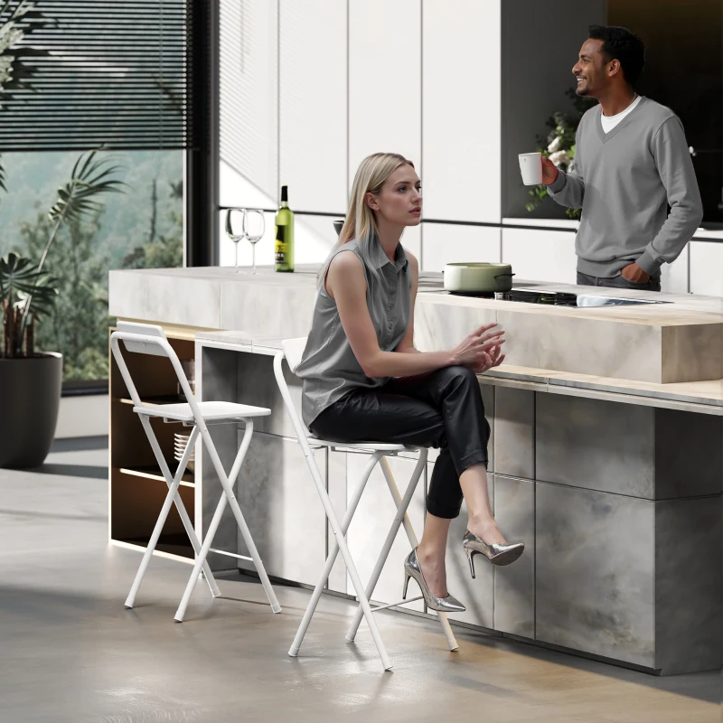 HOMCOM Barhocker 2er Set, Klappbar Barstuhl mit Stahlgestell, Lehne, Fußstütze Tresenhocker für Küche 37 x 45 x 87 cm Weiß