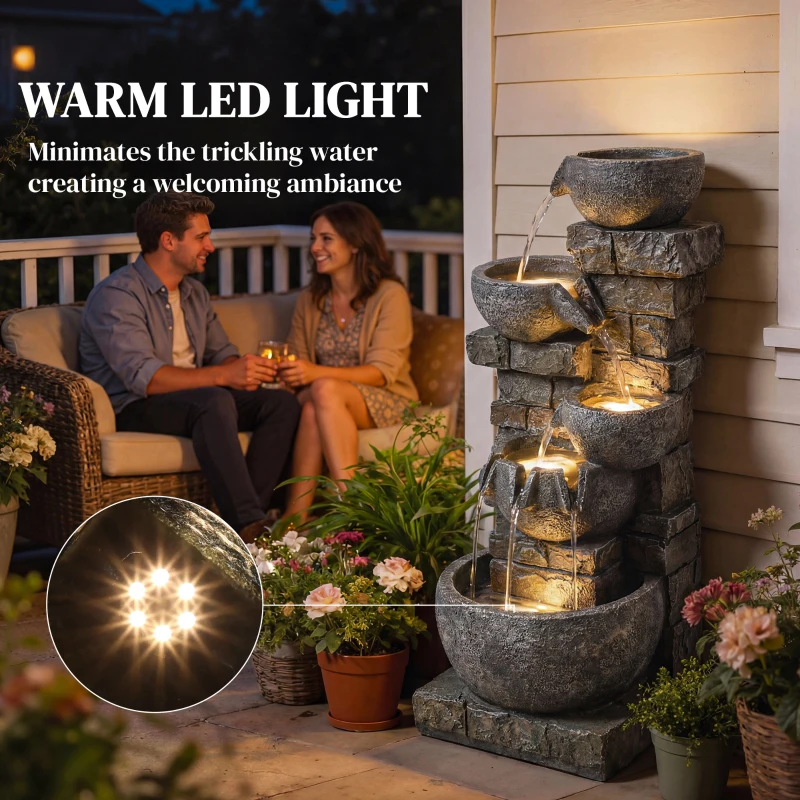 Outsunny Outdoor Water Fountain with LED Lights, 80cm Tall 5 Tiers Cascading Water Feature for Garden Patio Home Decor, Mixed