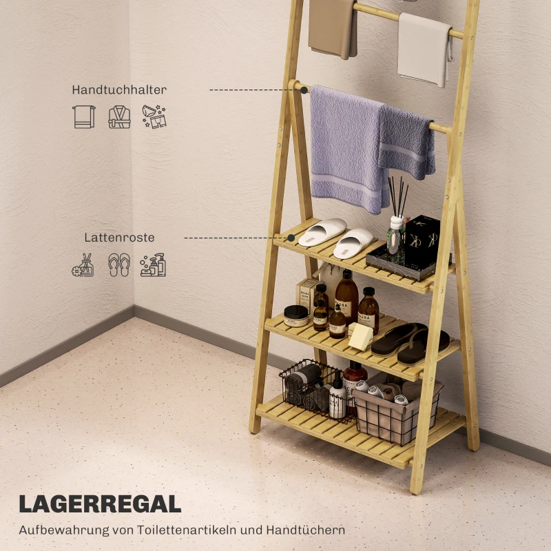 HOMCOM 3-stufiges Badezimmerregal, 3 Handtuchhalter, Bambusrahmen, A-förmig, Lattenregale