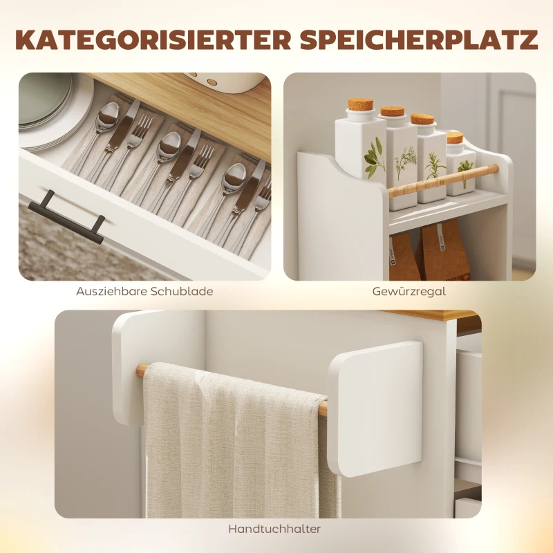 HOMCOM Kücheninsel, Küchenwagen auf Rollen, mit abklappbarer Arbeitsplatte, Schublade, Ablage, 120 x 68 x 85 cm, Weiß