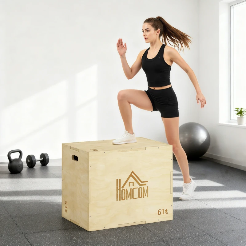 HOMCOM 3-in-1 Plyo Box Holz Plyometrische Sprungbox mit 3 Sprunghöhen Griffen 61 x 51 x 76 cm Naturholz